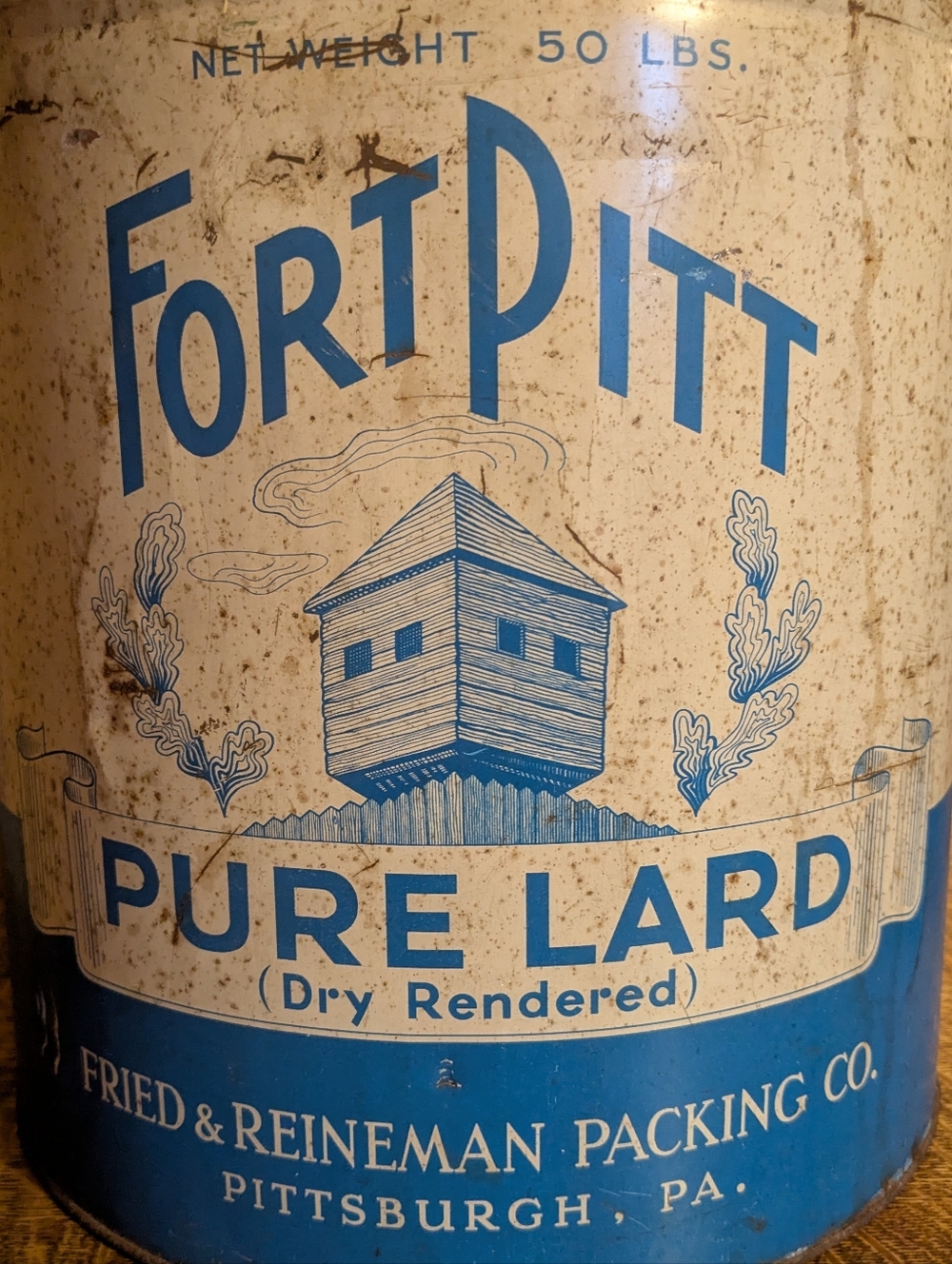 Vintage Fort Pitt Pure Lard Tin 50lb With Lid Bail Handle White Blue Rustic Farm - Picture 3 of 11